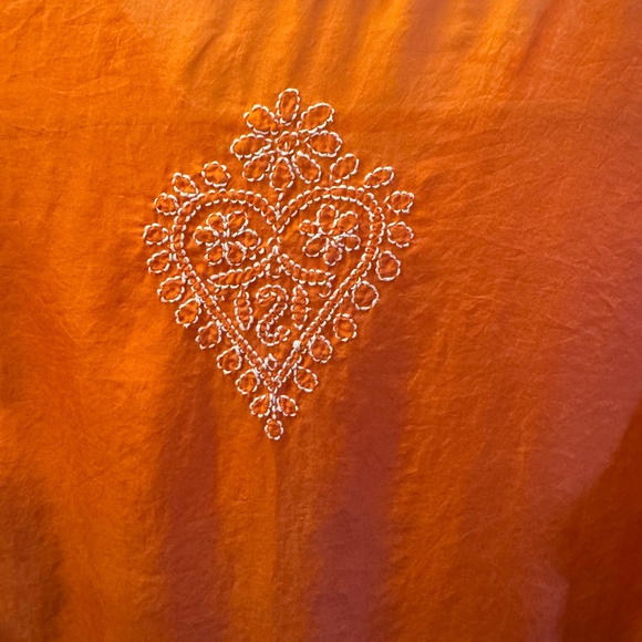 Vintage Silk Blouse – Bright Orange with Floral & Heart Embroidery | Long Sleeve - Picture 6 of 7